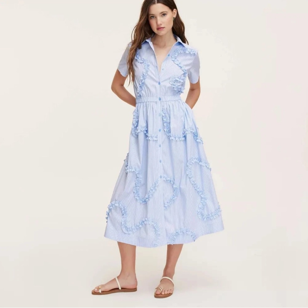 Light Blue Ruffle-Trim Midi Shirt Dress